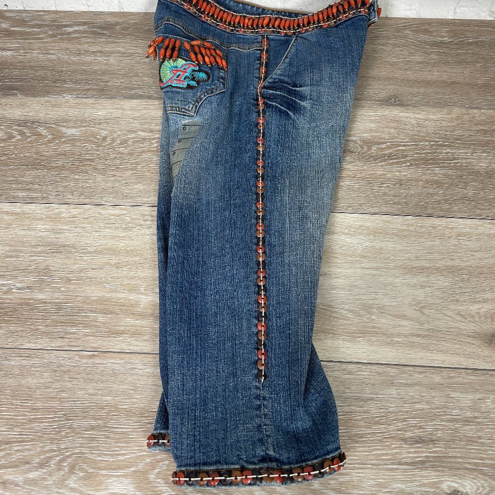 NWT AKDMKS WOMEN'S BAMBOO CAPRI BOHO HIPPIE BEADED JEANS SIZE 28 - Picture 10 of 16
